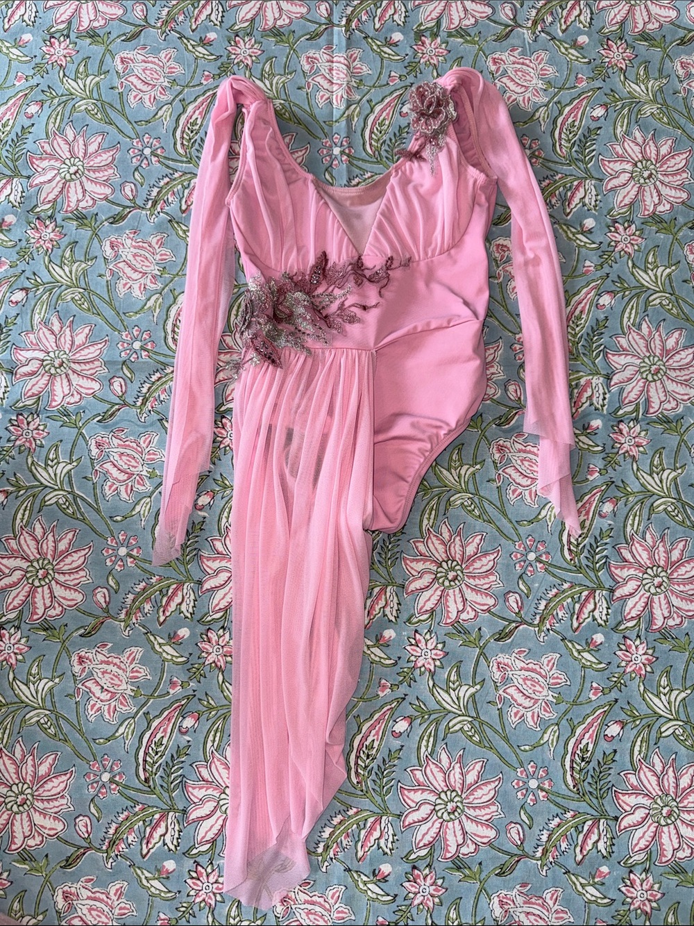 Revolution Pink Sheer Tulle Long-Sleeve Dance Leotard with Floral Appliqué